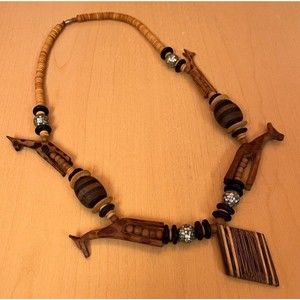 Wooden Carved Beads Giraffe Mosaic Necklace Striped Diamond Shape Pendant